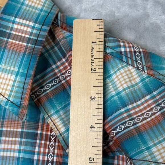 Rough Stock Panhandle Slim Shirt Mens Medium Pearl Snap Turquoise Brown Plaid - Picture 13 of 14